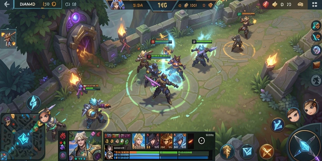 Screenshot utama <strong>DIANA4D</strong> menampilkan aksi pertarungan strategis dalam permainan MOBA.