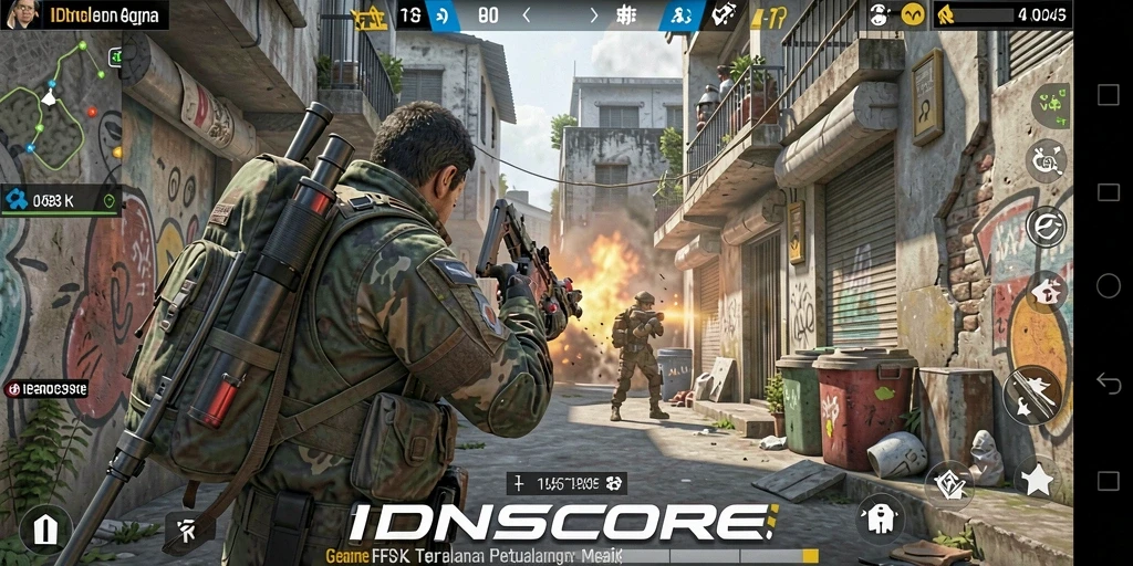 Gameplay mendebarkan dalam IDNSCORE, aksi tembak-menembak yang seru.
