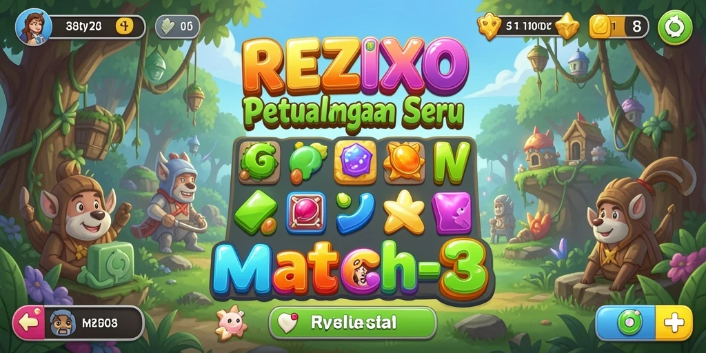 Tampilan gameplay menarik dari game Match-3 REZIXO yang penuh warna.