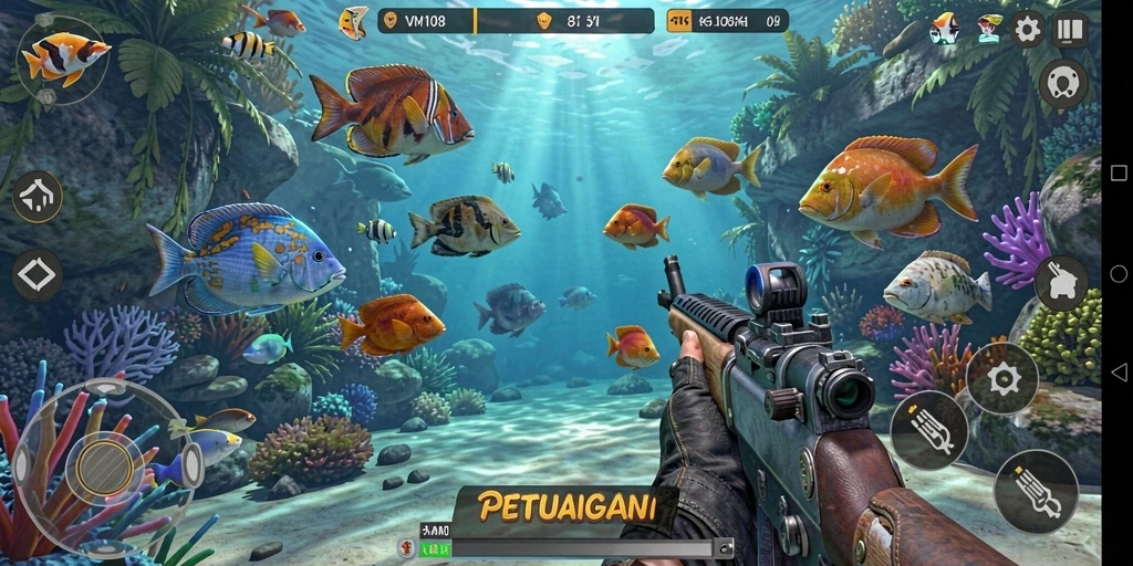 Tampilan gameplay seru dari VM108 menembak ikan dengan grafis menawan.