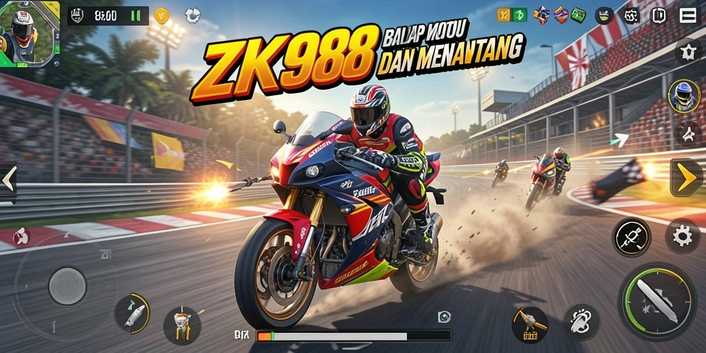 Gameplay seru ZK988 dengan sepeda motor balap yang cepat.